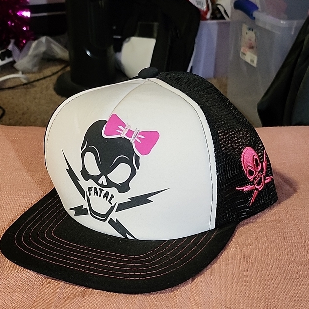 Black and White Skull Trucker Hat with Pink Accents